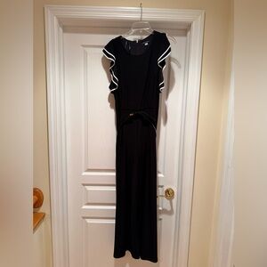 Elegant Black and White Wide Leg Belted Romper with pockets